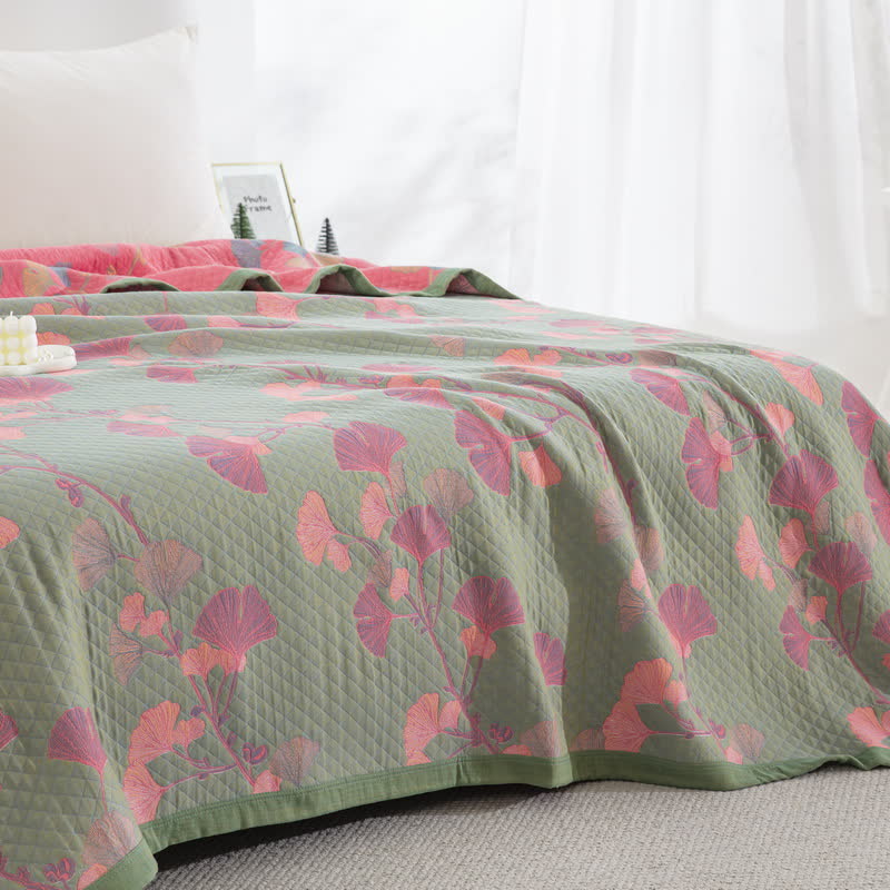 Orange Ginkgo Leaf Cotton Reversible Quilt