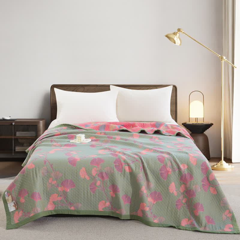Orange Ginkgo Leaf Cotton Reversible Quilt