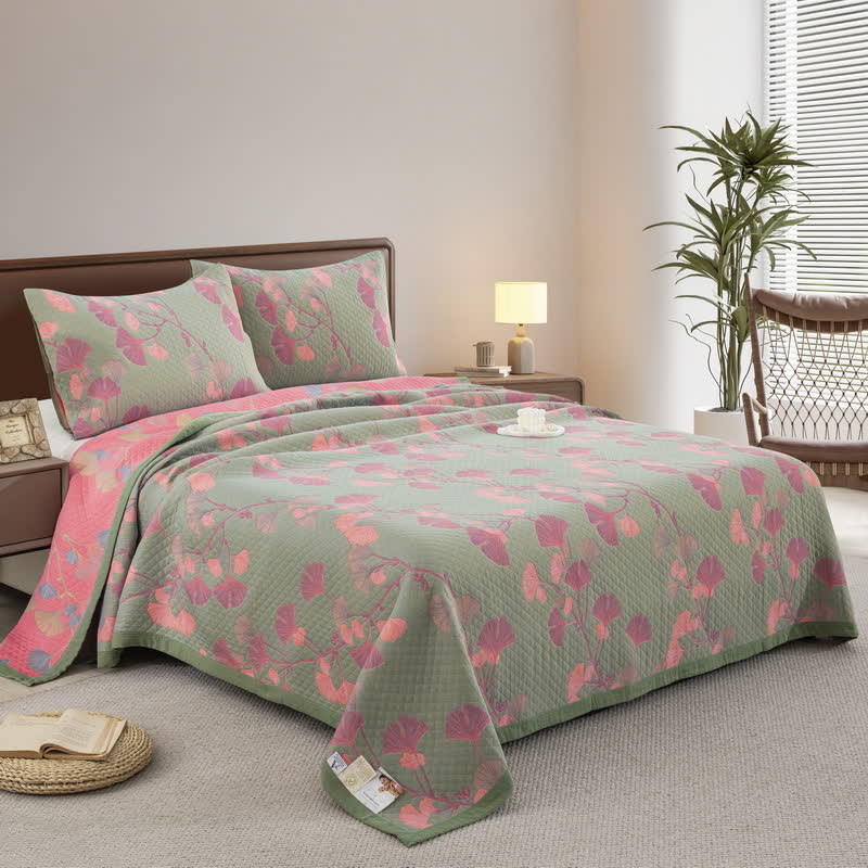 Orange Ginkgo Leaf Cotton Reversible Quilt