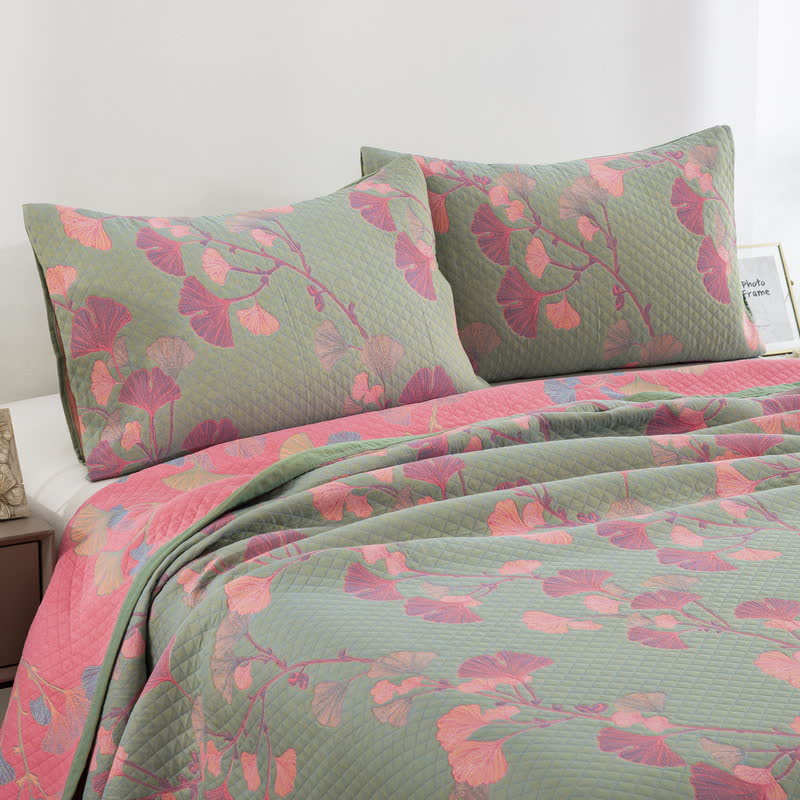 Orange Ginkgo Leaf Cotton Reversible Quilt