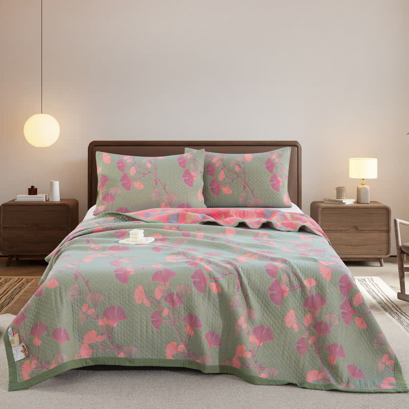 Orange Ginkgo Leaf Cotton Reversible Quilt