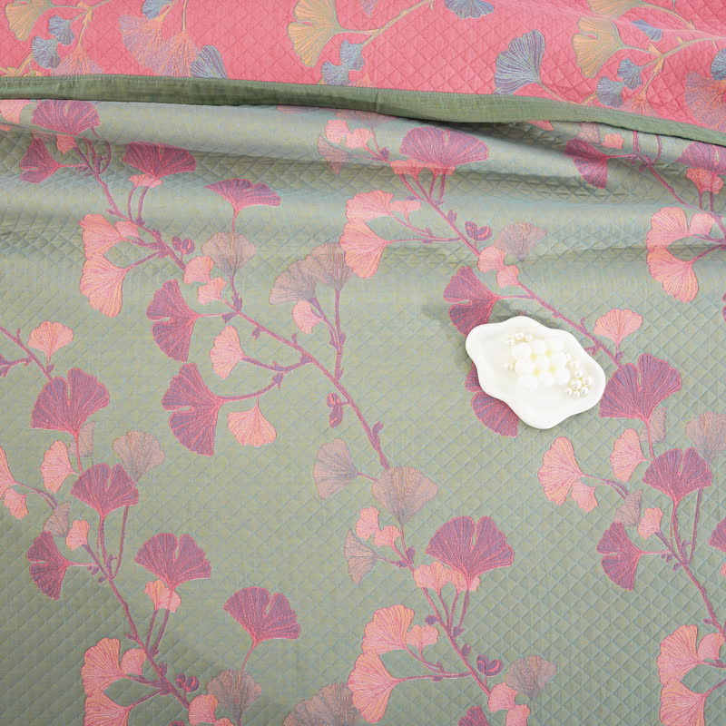Orange Ginkgo Leaf Cotton Reversible Quilt