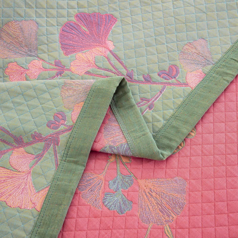 Orange Ginkgo Leaf Cotton Reversible Quilt