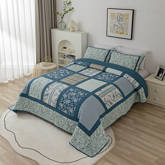 Plaid Botanical Print Cotton Patchwork Quilt