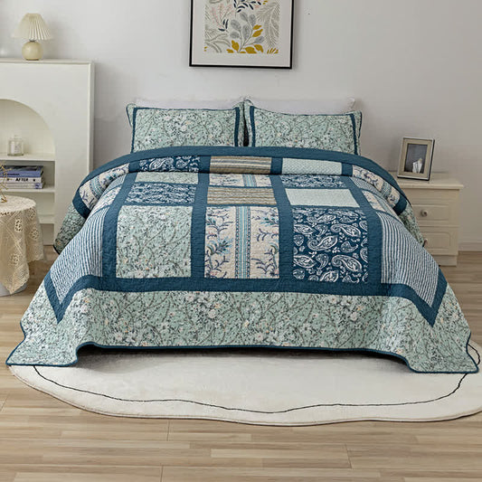 Plaid Botanical Print Cotton Patchwork Quilt