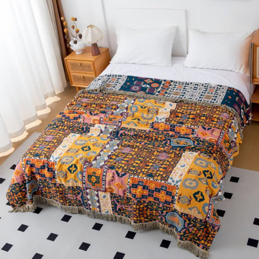 Boho Art Patchwork Cotton Reversible Tassel Quilt