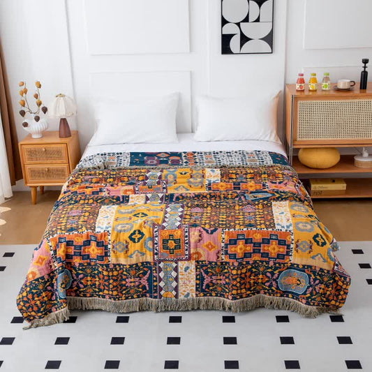 Boho Art Patchwork Cotton Reversible Tassel Quilt