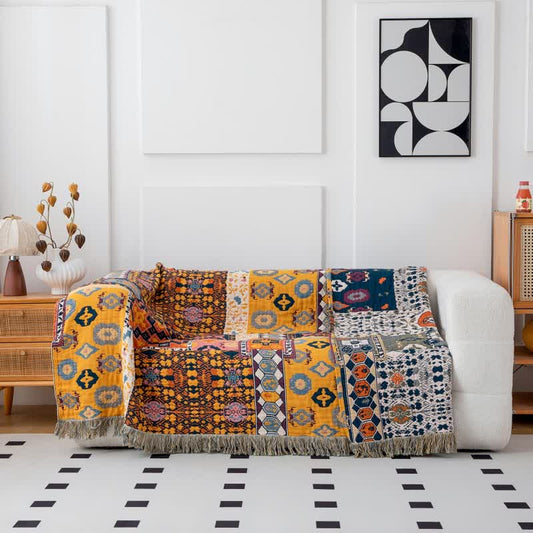 Boho Art Patchwork Cotton Reversible Tassel Blanket