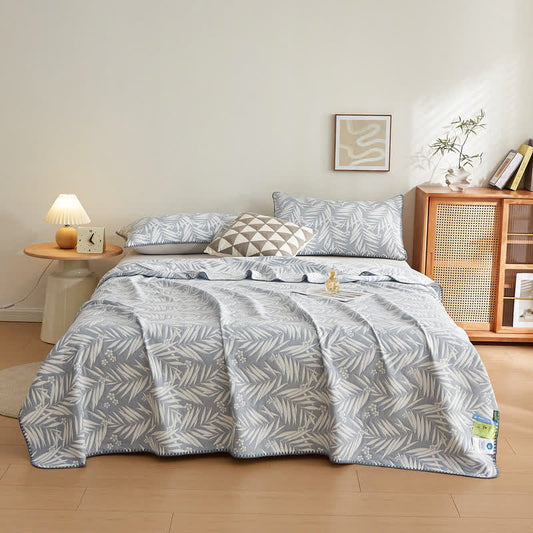 Elegant Leaf Cotton Double Layer Gauze Reversible Quilt