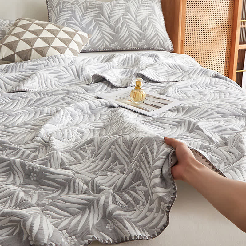 Elegant Leaf Cotton Double Layer Gauze Reversible Quilt