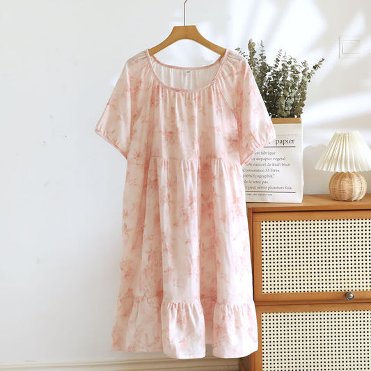 Country Style Floral Short Sleeve Cotton Gauze Nightdress