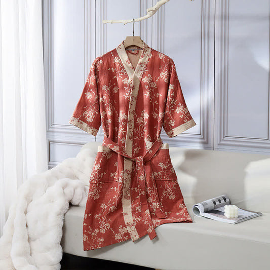 Vintage Floral Kimono Cotton Gauze Jacquard Bathrobe