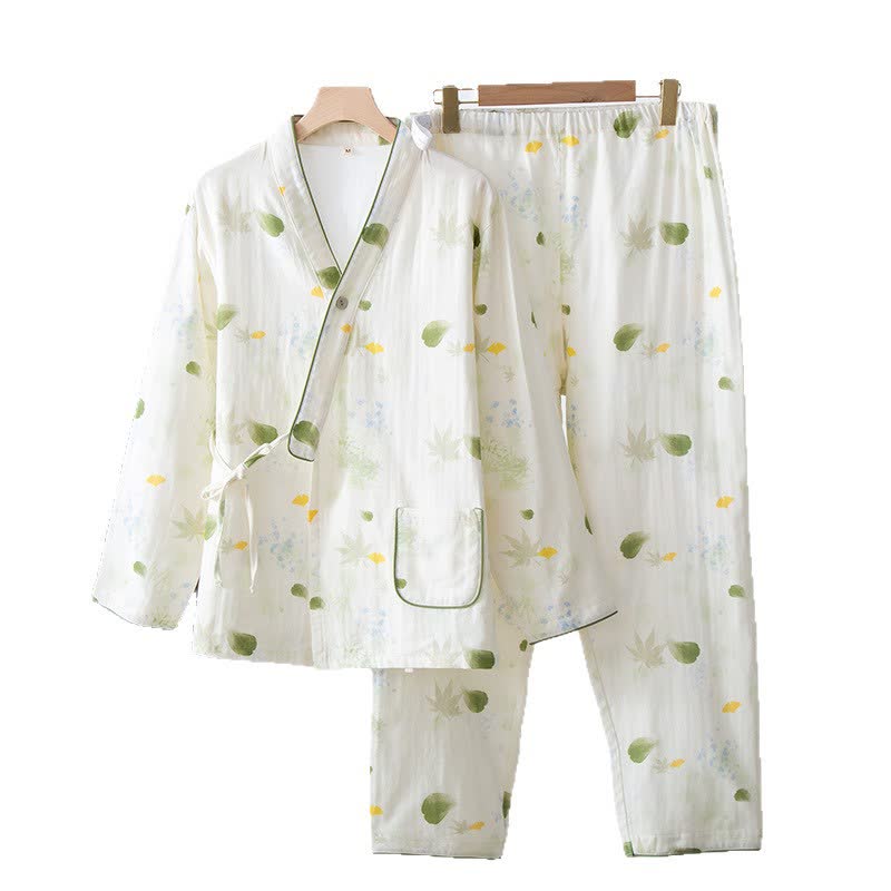 Leaf Print Cotton Gauze Kimono Adjustable Pajama Set