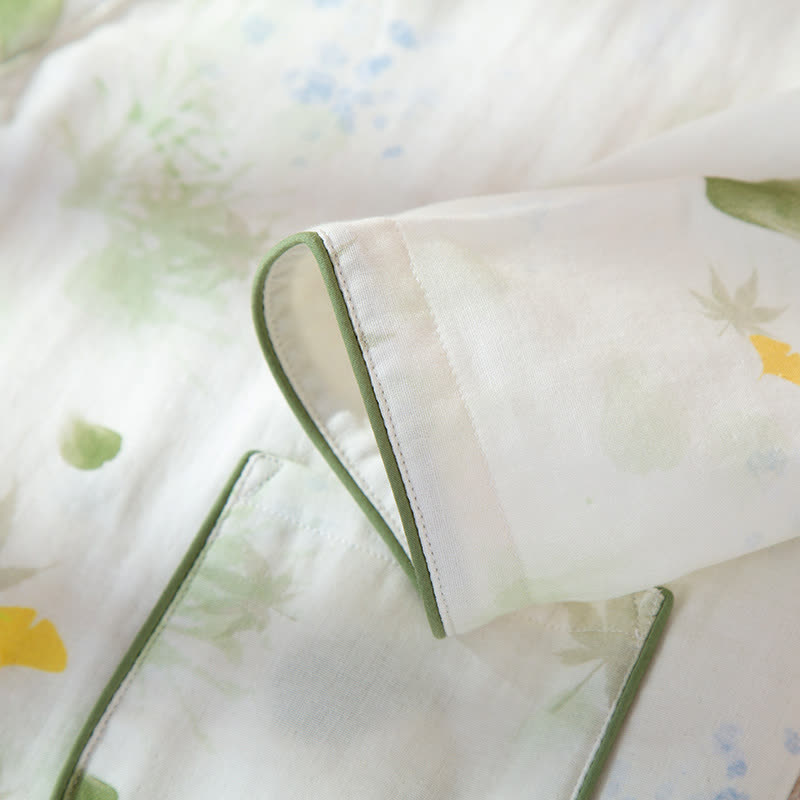 Leaf Print Cotton Gauze Kimono Adjustable Pajama Set
