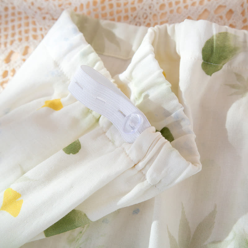 Leaf Print Cotton Gauze Kimono Adjustable Pajama Set