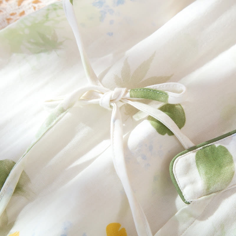 Leaf Print Cotton Gauze Kimono Adjustable Pajama Set