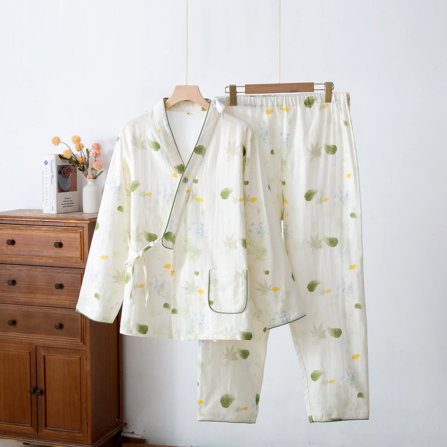 Leaf Print Cotton Gauze Kimono Adjustable Pajama Set