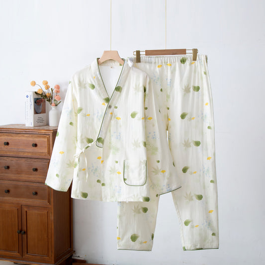 Leaf Print Cotton Gauze Kimono Adjustable Pajama Set