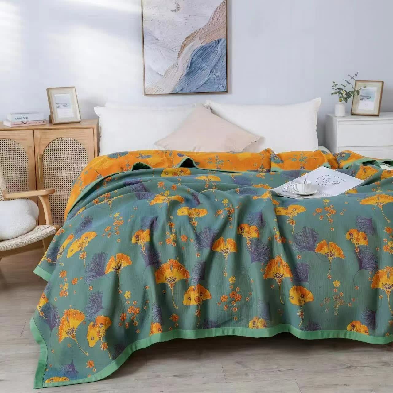 Floral Ginkgo Leaf Cotton Multi-layer Gauze Quilt