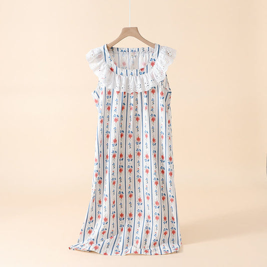Striped Floral Cotton Gauze Sleeveless Nightdress