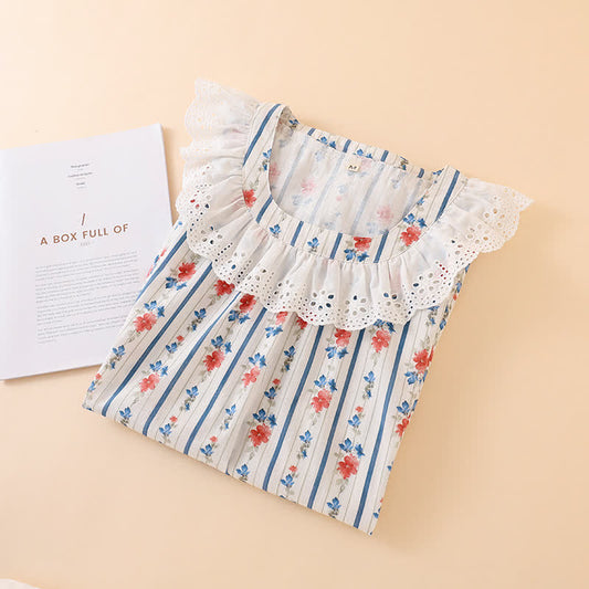 Striped Floral Cotton Gauze Sleeveless Nightdress