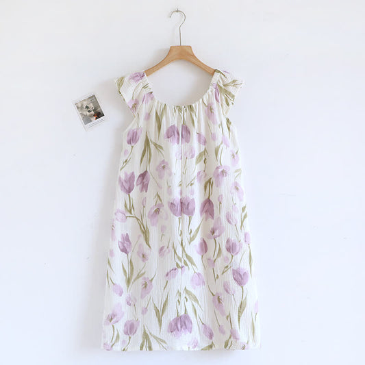 Tulip Print Cotton Gauze Padded Camisole Nightdress
