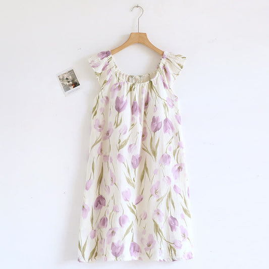 Tulip Print Cotton Gauze Padded Camisole Nightdress