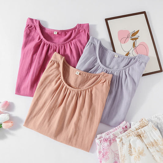 Elegant Floral Cotton Double-layer Gauze Loungewear Set