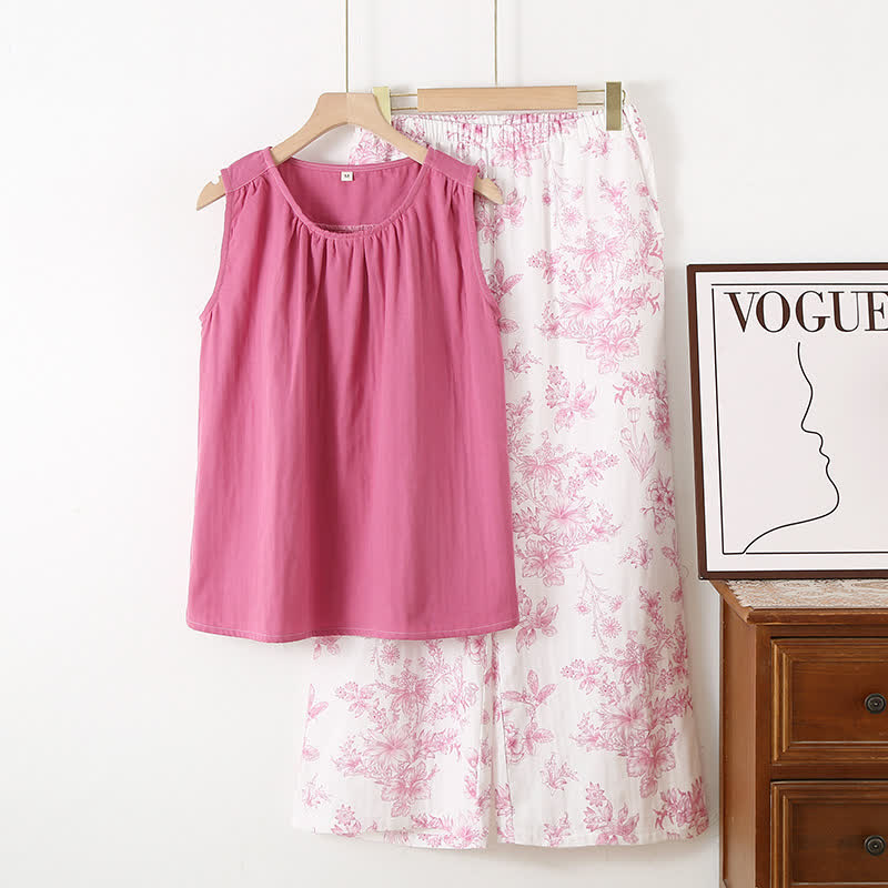 Elegant Floral Cotton Double-layer Gauze Loungewear Set