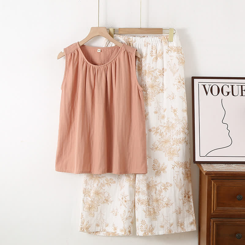 Elegant Floral Cotton Double-layer Gauze Loungewear Set
