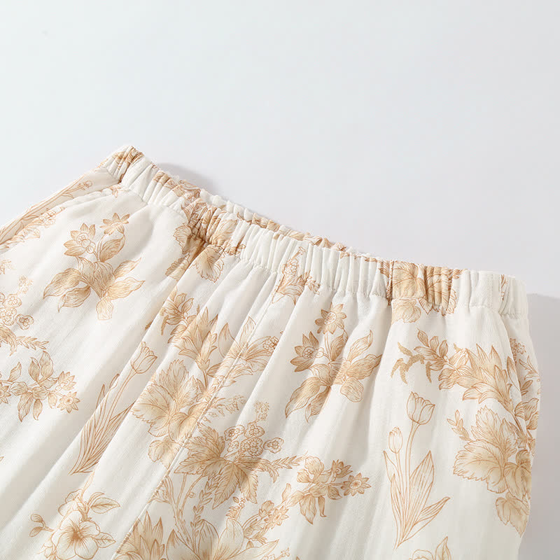 Elegant Floral Cotton Double-layer Gauze Loungewear Set
