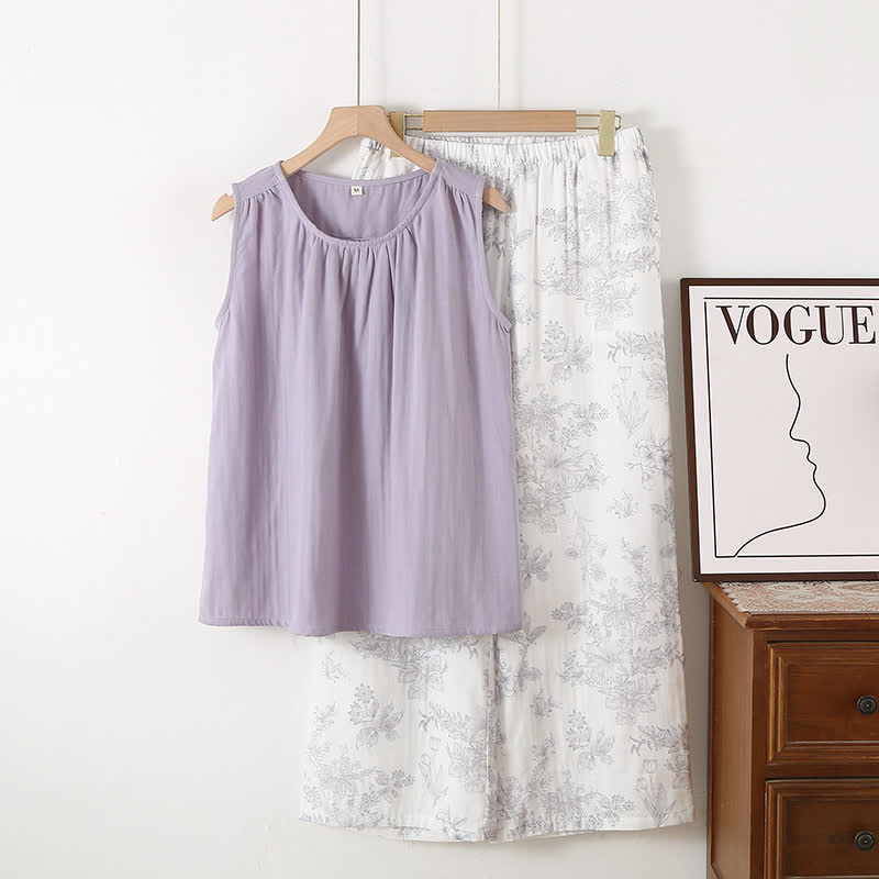 Elegant Floral Cotton Double-layer Gauze Loungewear Set