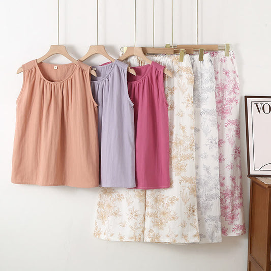 Elegant Floral Cotton Double-layer Gauze Loungewear Set