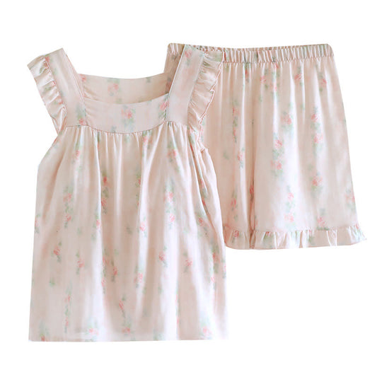 Pink Floral Ruffle Padded Camisole Loungewear Set