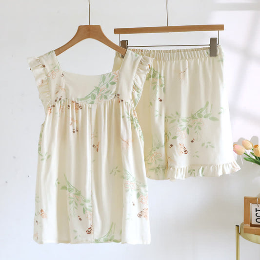 Floral Butterfly Ruffle Padded Camisole Loungewear Set