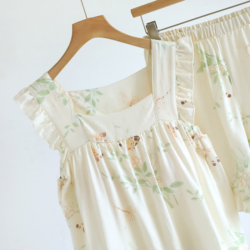 Floral Butterfly Ruffle Padded Camisole Loungewear Set