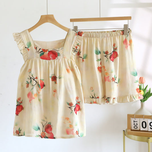 Pomegranate Floral Ruffle Padded Camisole Loungewear Set
