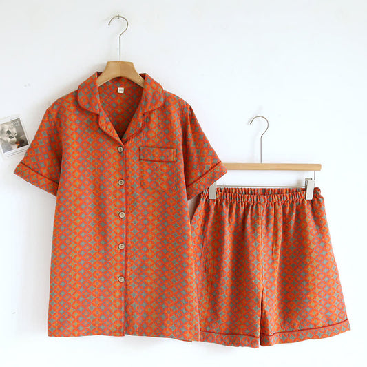 Orange Vintage Pattern Cotton Gauze Pajama Set