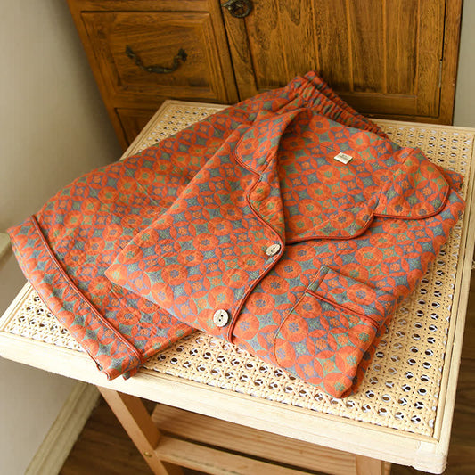 Orange Vintage Pattern Cotton Gauze Pajama Set