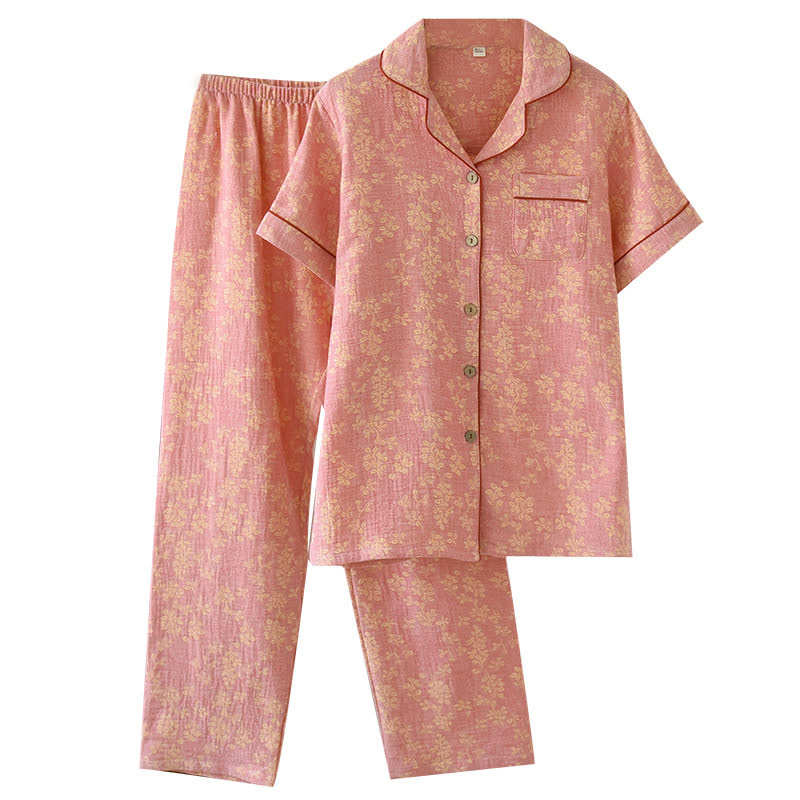Floral Cotton Yarn-dyed Jacquard Lapel Pajama
