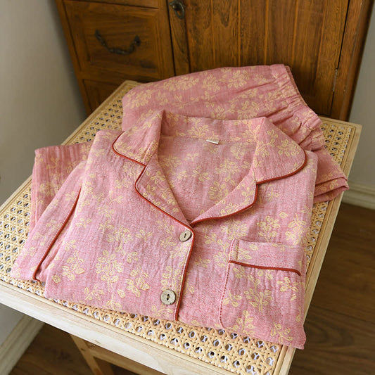 Floral Cotton Yarn-dyed Jacquard Lapel Pajama