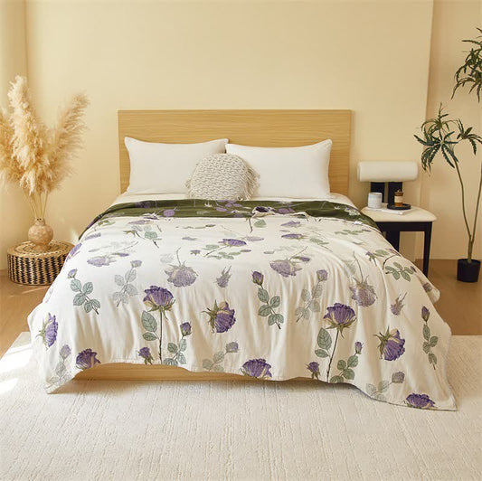 Purple Rose Print Cotton Gauze Quilt
