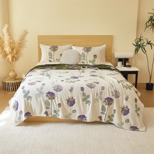 Purple Rose Print Cotton Gauze Quilt