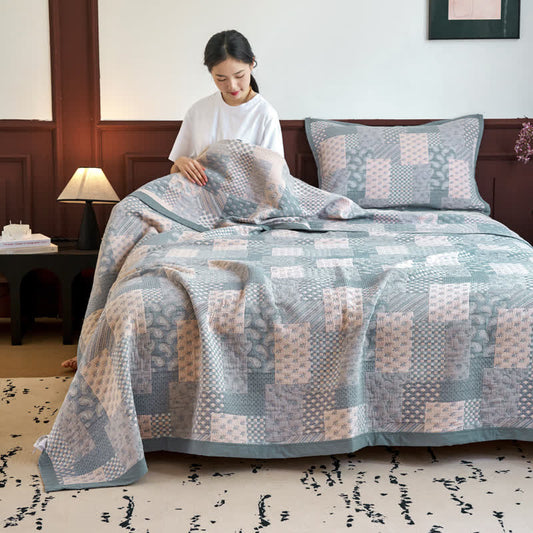 Patchwork Plaid Print Cotton Muslin Bedspread