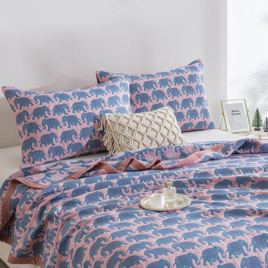 Thai Elephant Print Cotton Muslin Bedspread