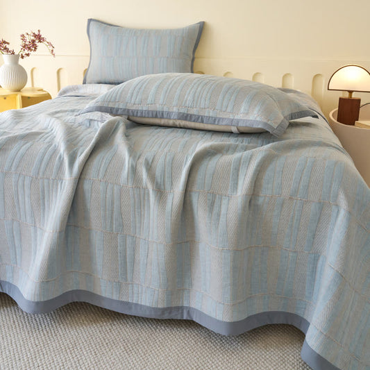 Blue Stripe Plaid Cotton Muslin Bedspread