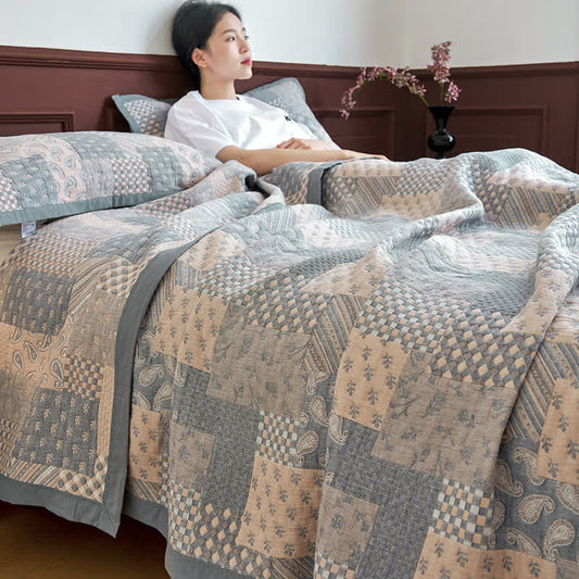 Patchwork Plaid Print Cotton Muslin Bedspread