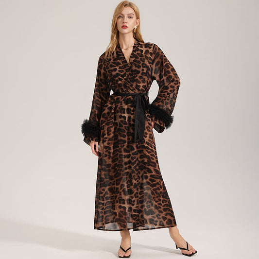 Leopard Print Long Sleeve Kimono Bathrobe