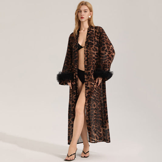 Leopard Print Long Sleeve Kimono Bathrobe