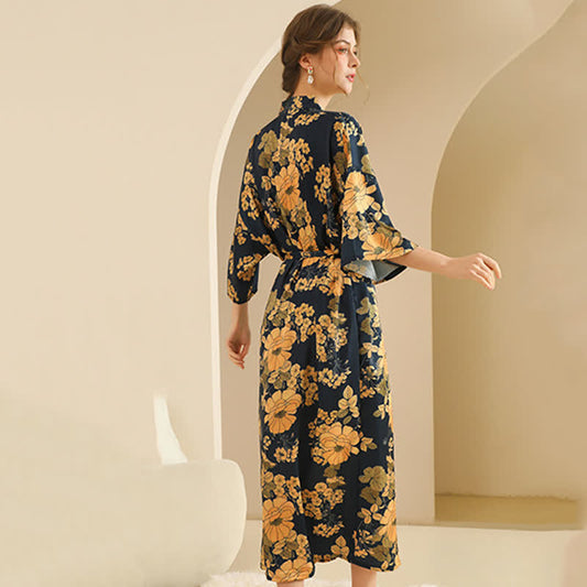 Yellow Floral Kimono Bathrobe Set